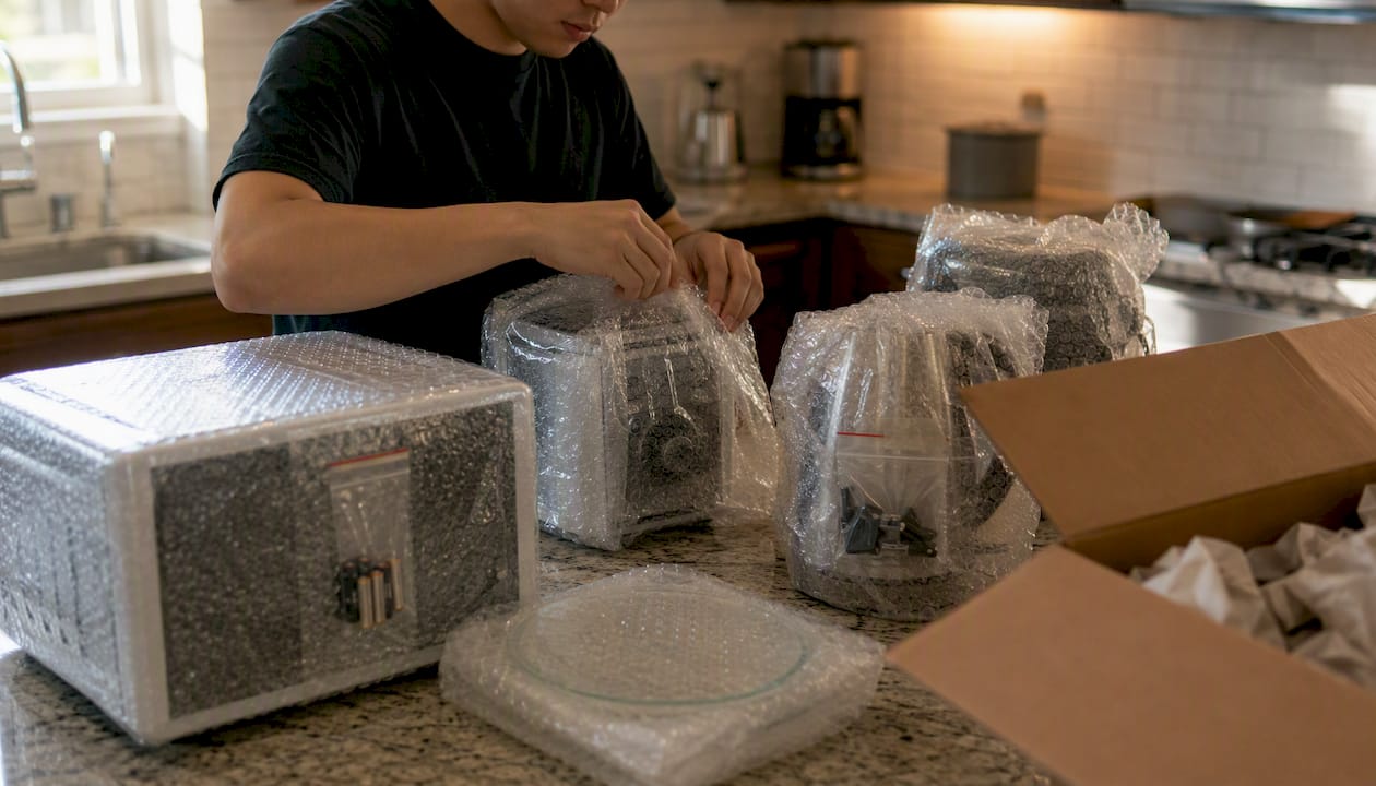 Small kitchen appliances wrapped and packed carefully