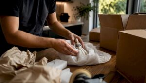 Hands wrapping fragile glass vase for moving
