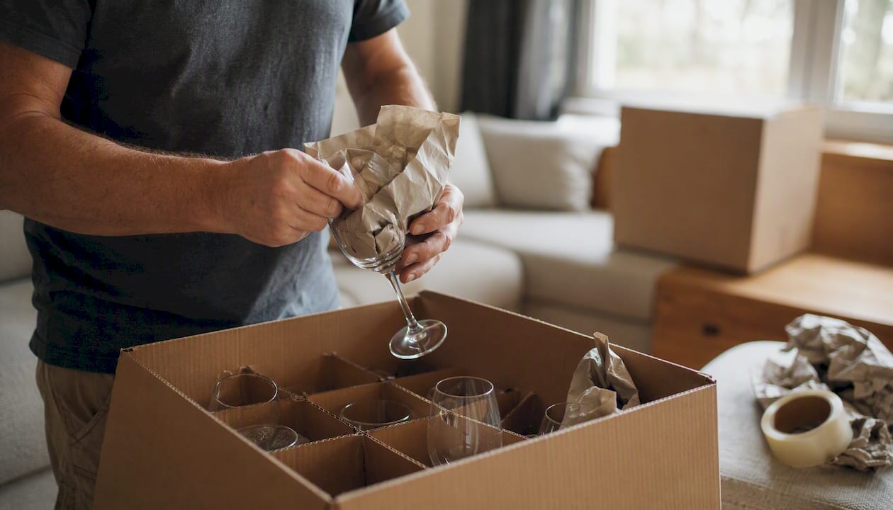 Hands packing glassware upright with dividers