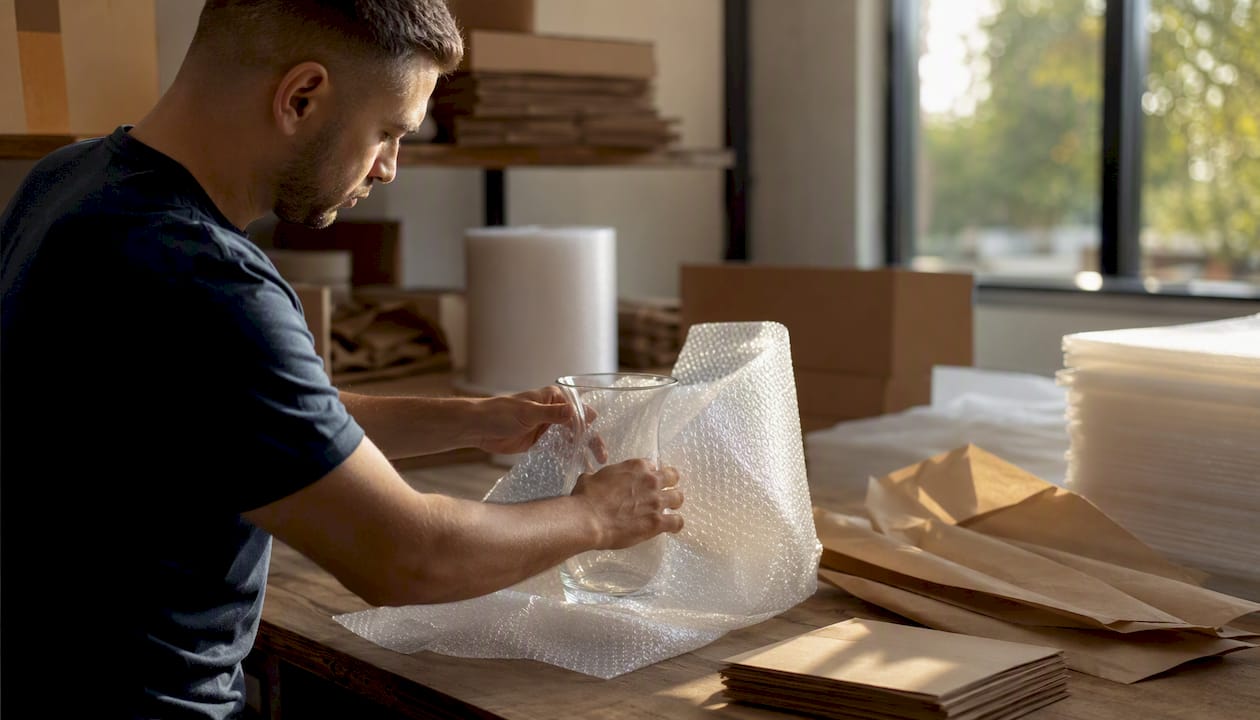 Close-up of bubble wrap and packing materials