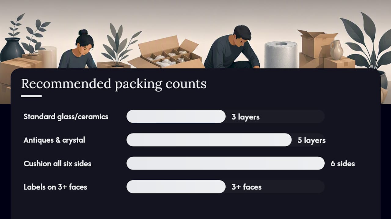 Diagram of fragile item packing layers and box reinforcement