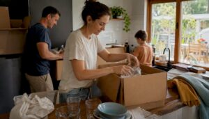 Family packing moving boxes at home