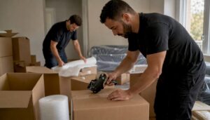 Movers packing boxes quickly for emergency move
