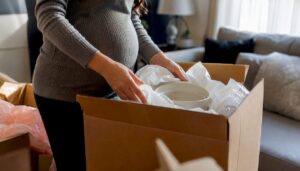 Hands packing household items into box