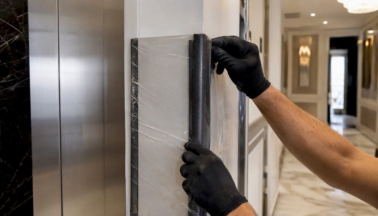Protective padding applied to elevator hallway