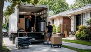 Movers loading padded furniture into truck