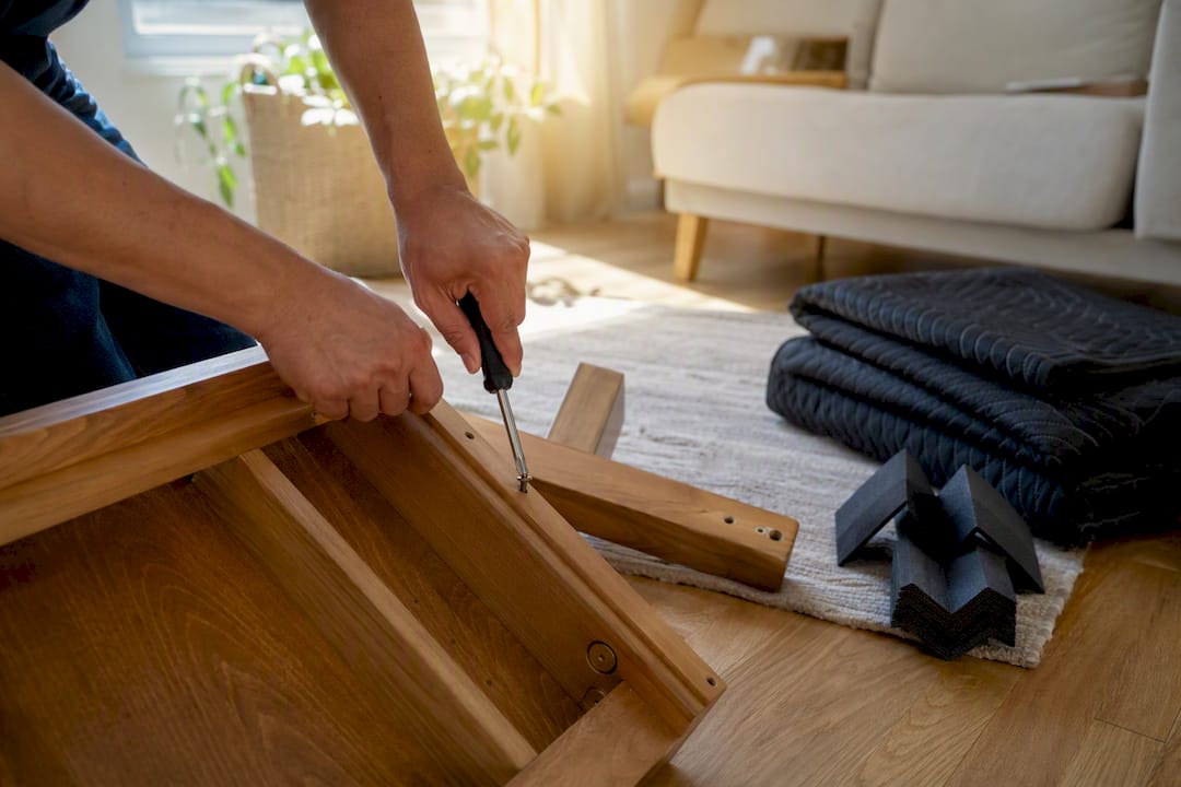 Mover disassembling furniture with floor protection