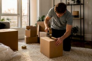 Person packing moving boxes in home