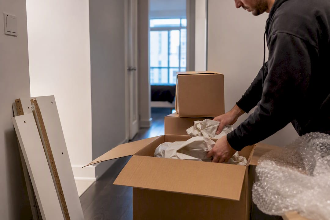 Hands packing moving boxes in hallway