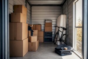 Organized storage unit with boxes and furniture
