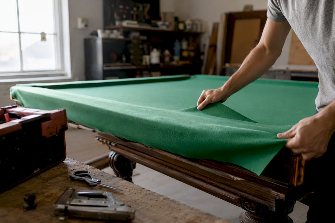 Hands refelting pool table slate surface