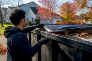 Mover securing bin with tarp in driveway