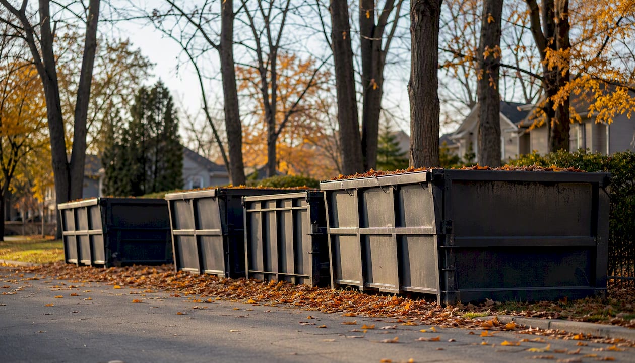 Empty rental bins on residential street in fall