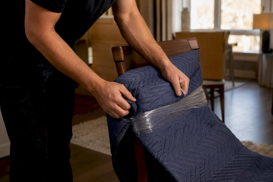 Movers wrapping solid wood dining chair