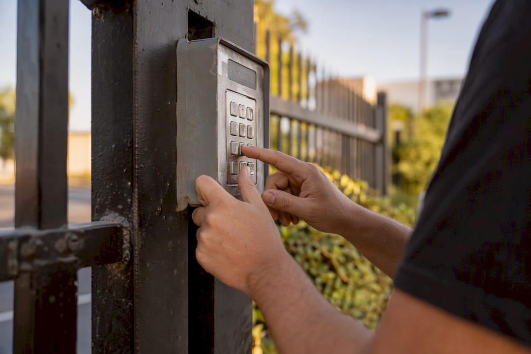 Mover entering gate code on keypad