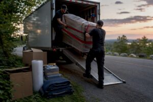 Movers securing furniture to truck bed