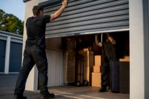 Movers opening storage unit door daytime