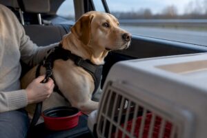 Pet secured safely for long-distance travel