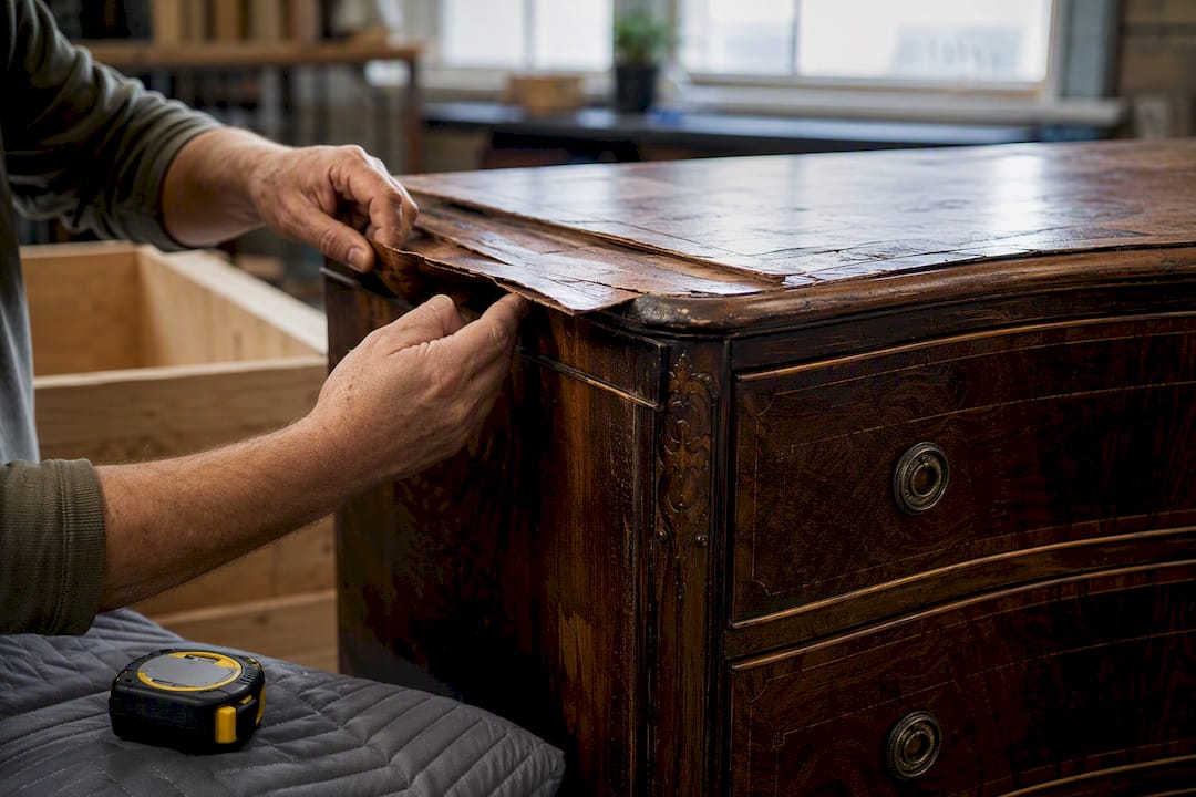 Hands inspecting antique dresser veneer for crating