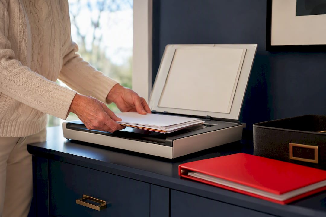 Hands scanning paperwork before senior move
