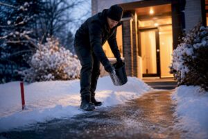 Crew clearing snowy walkway before move