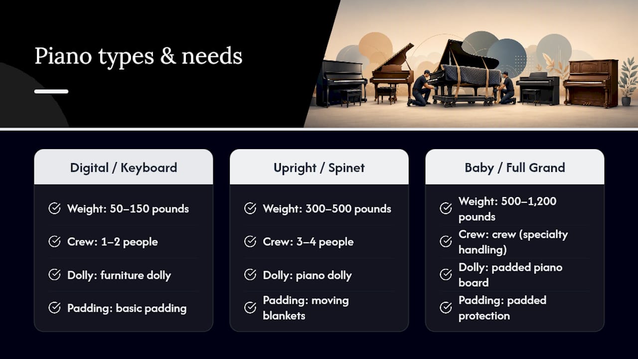 Piano types compared by weight and equipment