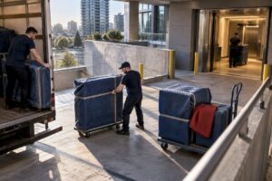 Movers staging carts at condo loading dock