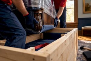 Movers securing an antique inside custom crate