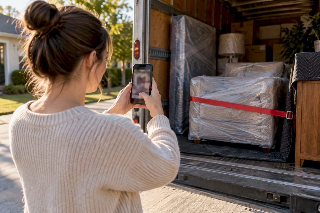 Homeowner photographing wrapped belongings before loading