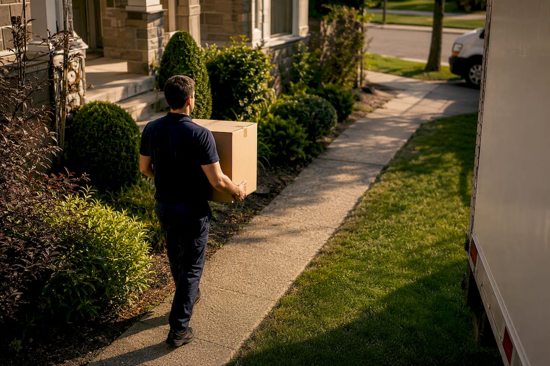 Mover carrying box from distant street parking