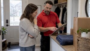 Homeowner reviewing moving estimate with mover