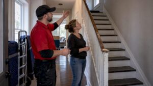 Homeowner discussing stair access with mover