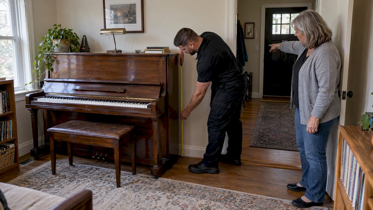 Mover inspecting piano before relocation