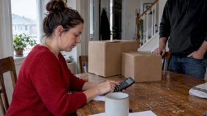 Homeowner calculating moving expenses beside boxes