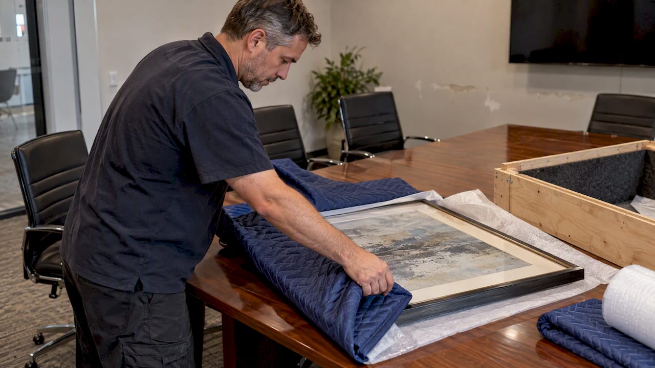 Mover padding framed artwork for an office move