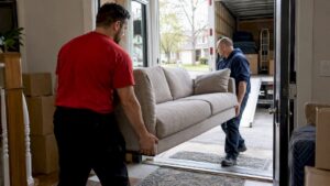 Movers carrying a sofa out of an Ontario home