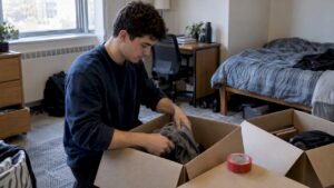Student packing belongings into a moving box