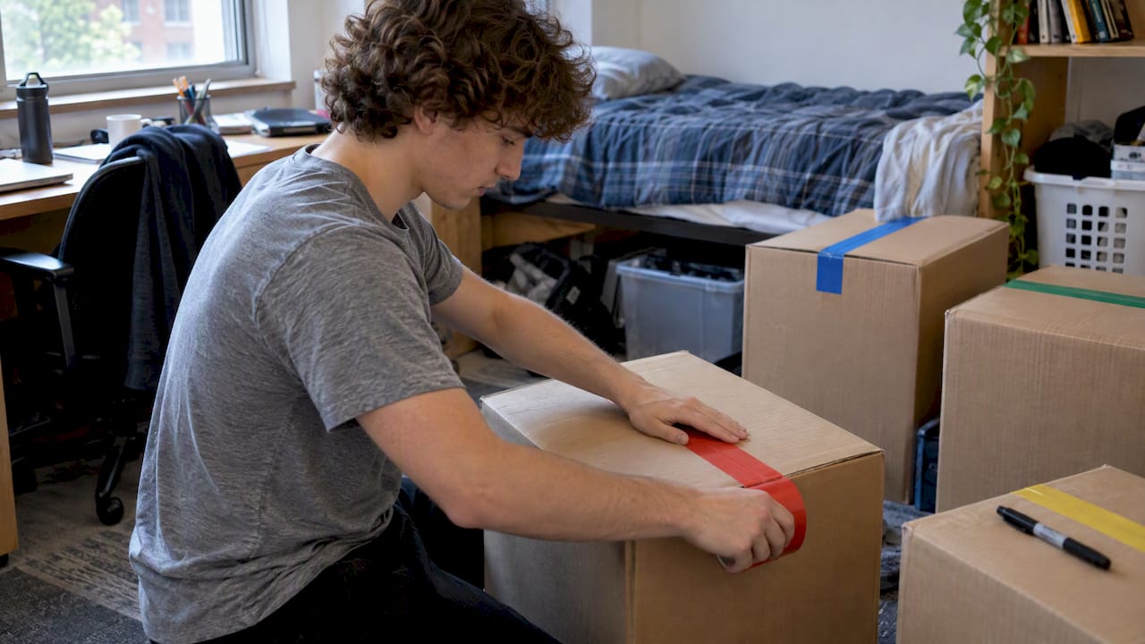 Student colour-coding boxes with tape
