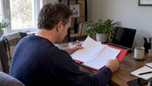 Homeowner checking mover clearance and contract