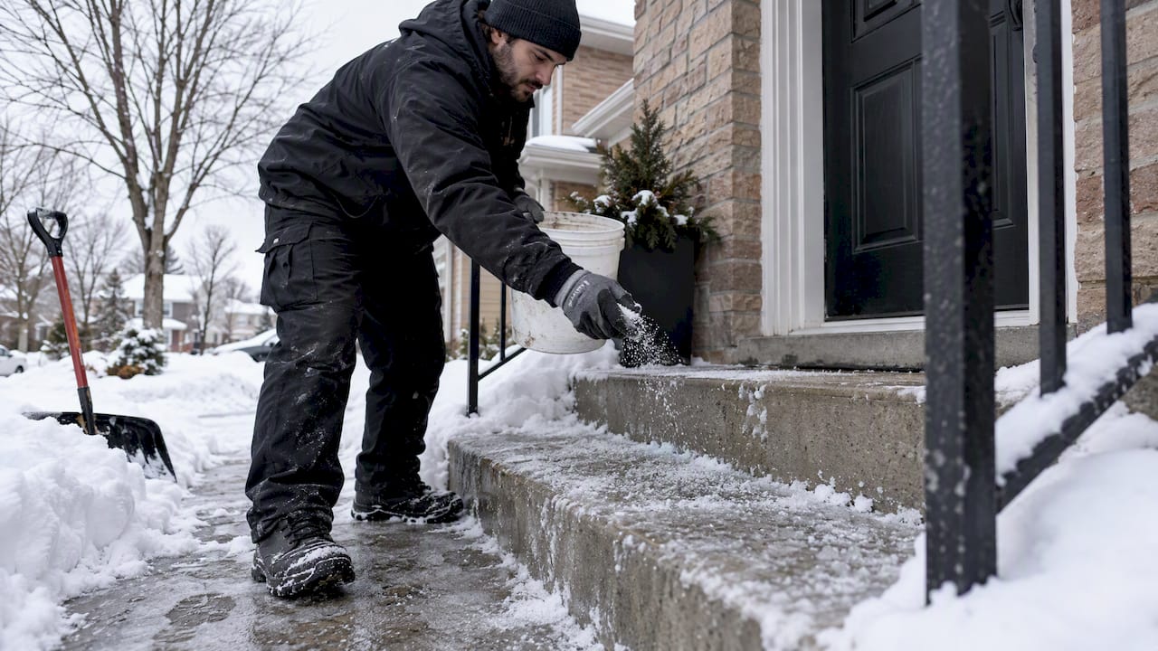 Mover salting icy steps before moving day