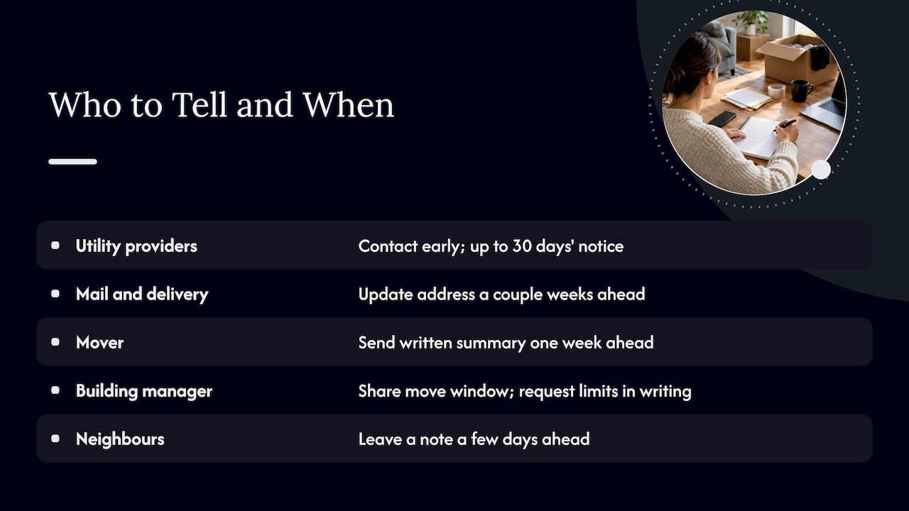 Who should you tell about a holiday move, and when? — overview diagram