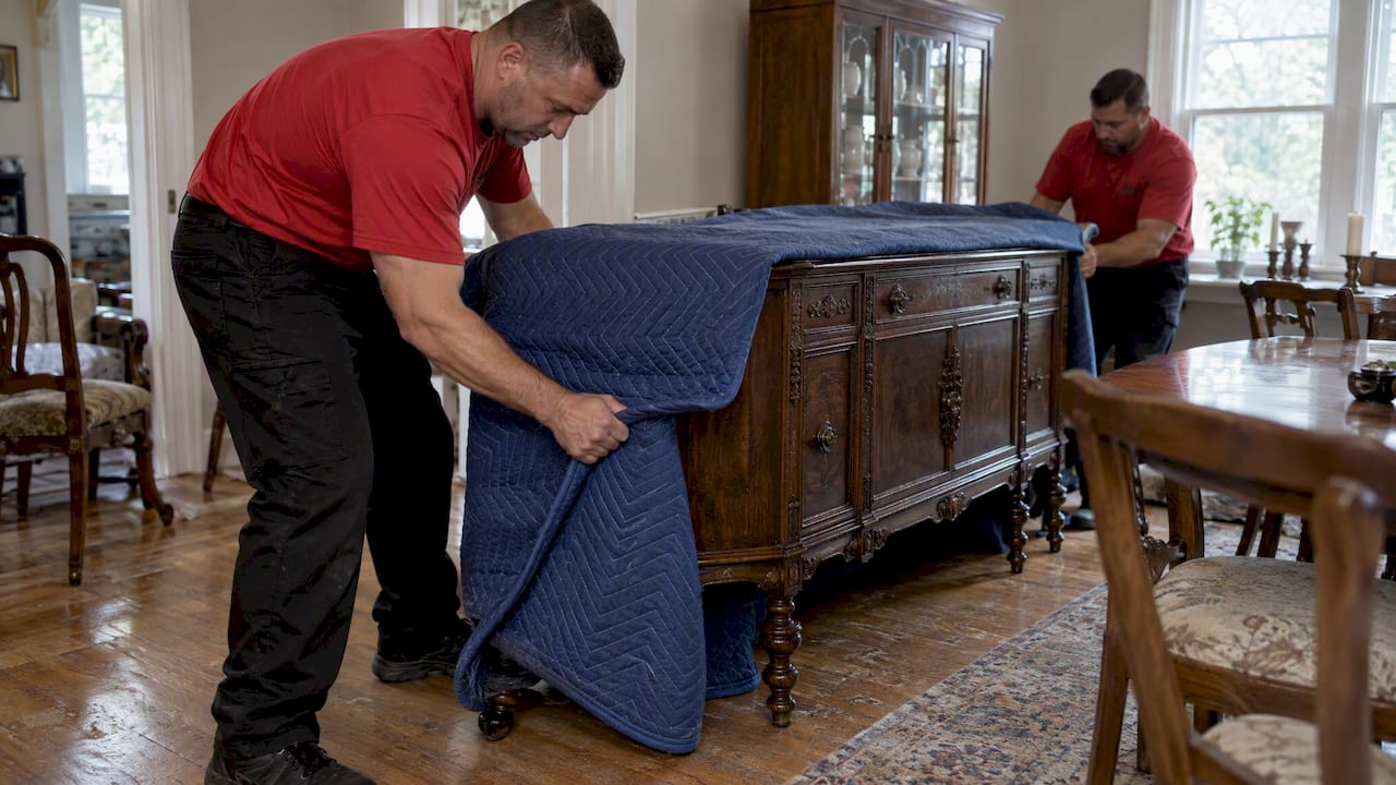 Movers protecting an antique sideboard with a blanket